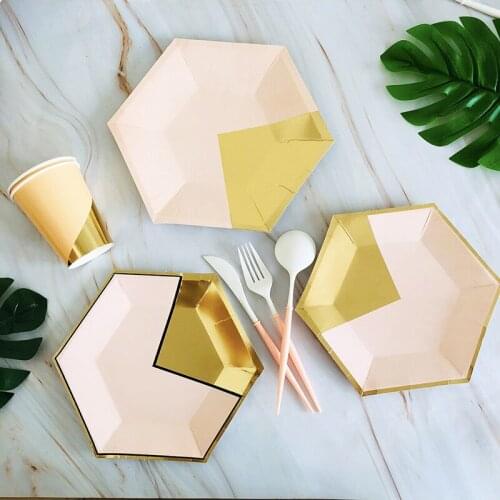 Gold Pink Disposable Tableware Paper Plates Cup Straws Napkins Birthday Wedding Decorate Carnival Baby Shower Party Supplies