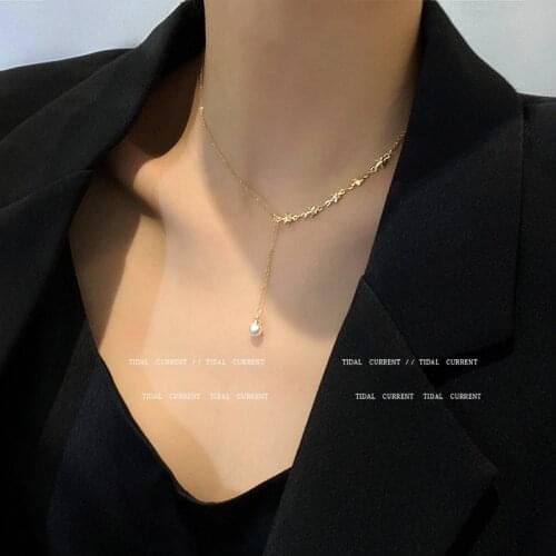 Gold Plated Titanium Steel Star Choker Necklace for Women High Quality Round Pearl Tassel Pendant Collar Clavicle Chain Jewelry