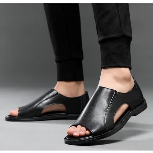 Men Sandals High Qualit Leather Mens Casual Shoes Breathable Casual Beach Sandals Outdoor Slippers 2021 Summer Men Shoes Black