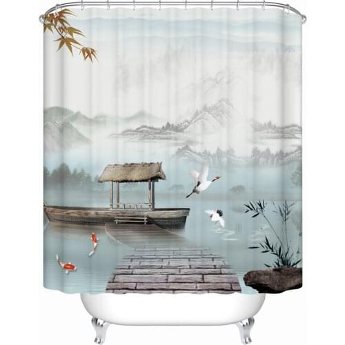 The Traditional Chinese Landscape Painting with Mountain River Pavilion Bamboo Boat Fish White Crane Waterproof Shower Curtain