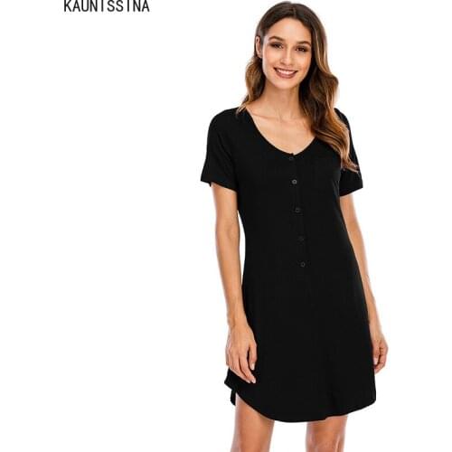 Women Soft Nightgown O-Neck Short Sleeve Button Solid Straight Loose Nightdress Sleepwear Summer Night Dress Homewear