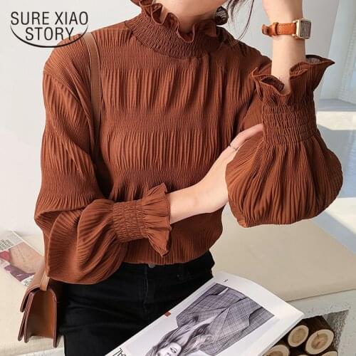 Feminine CHIFFON BLOUSE Butterfly Sleeve Women Top Solid Turtleneck Blouse Floral BLUSAS Office Lady Long Sleeve Shirt 8878 50