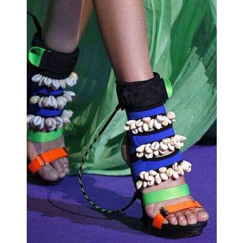 Summer Runway Shell Embellished High Heel Sandal Sexy Open toe Mixed Colors Gladiator Sandal for Woman Drop Ship
