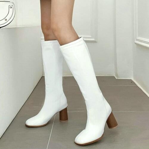 2020 Women Square High Heel Knee High Boots Fashion Zipper Women Long Boots Round Toe Women Winter Shoes Big Size 34-43