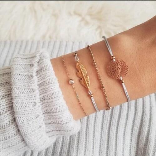 Leaf Hollow FLOWER CZ Bohemia Bracelets Set For Women Chain Bracelets Ethnic hand Jewelry DropShipping