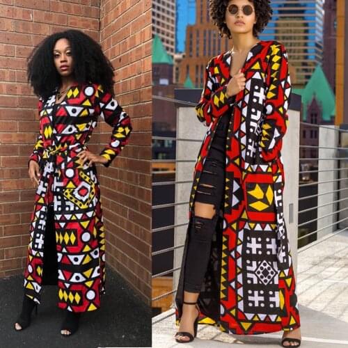 Fashion Casual Printed Long Coat (including Belt) Ladies Coats and Jackets Have Pocket African Print Jacket CN(Origin)