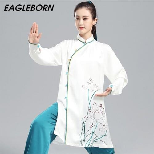 Autumn Winter New Hand-painted Tai Chi Suit Women Long-sleeved Chinese Style Martial Arts Lotus Tai Chi Suit Kung Fu Uniform