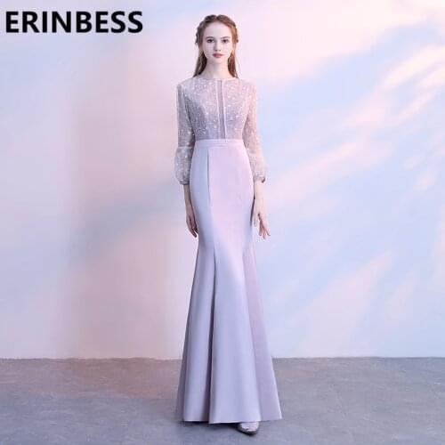 Vestido De Festa Scoop New Long Sleeve Prom Dresses Light Purple Mermaid Sweep Train Women Formal Gowns 2019