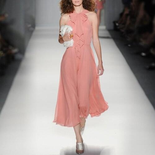 Summer Sexy Pink Sleeveless Halter Woman Dress Vacation Bohemian Chiffon Beach Dresses for Women 2021 Midi Vestidos