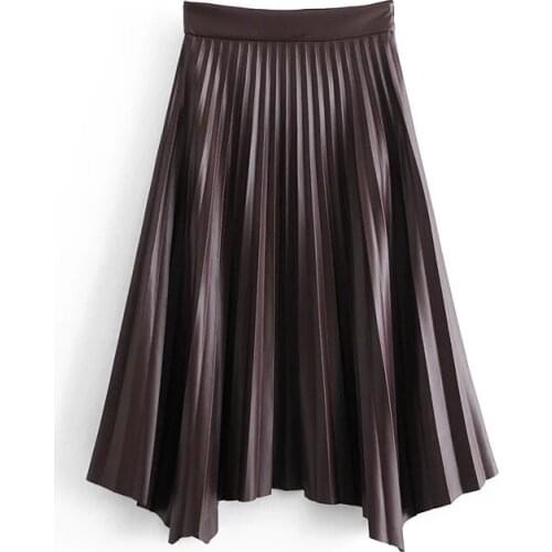 2020 New Pleated High Waist Imitation Leather Irregular Autumn And Winter Fashion Girl Mid-Length Skirt