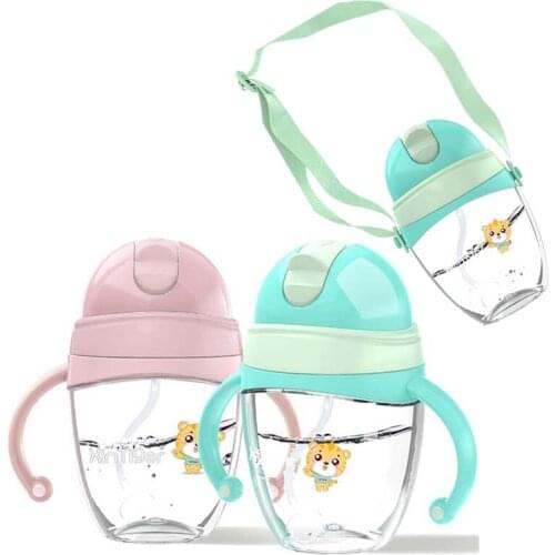240/320ml Cute Baby Cup Kids Children Learn Feeding Drinking Water Straw Handle & Sling Bottle Training Cup Baby Feeding Cup
