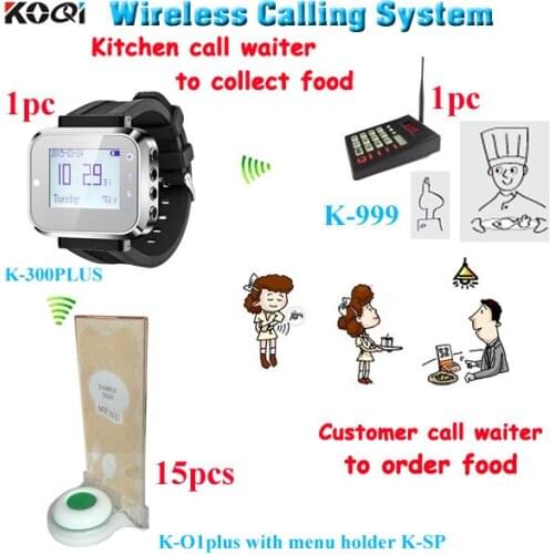 Wireless kitchen call waiter system to pick up foods with buzzer paging with 1 keypad 1 watch 15 call bell with menu holder