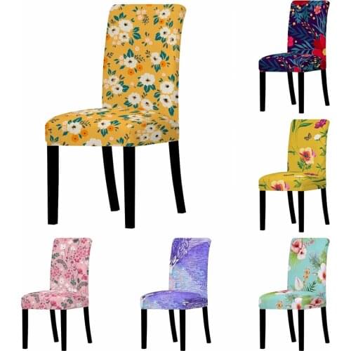 Pastoral Flowers Chair Cover Spandex Stretch Dining Seat Cover Removable Home Decor Party Seat Case Slipcover Yellow Pink Green
