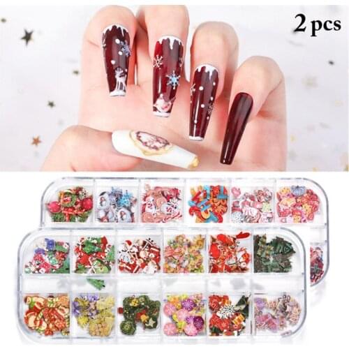 2 Boxes Kapmore Christmas Nail Sequin 12-grid Decorative Nail Decal Nail Art Decoration Cute Cartoon Nail Art Sticker