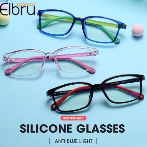 Elbru Super Clear Glasses Frames Soft Square Anti-blue Light Childrens Optical Glasses Anti-radiation Glasses For Boys Girls