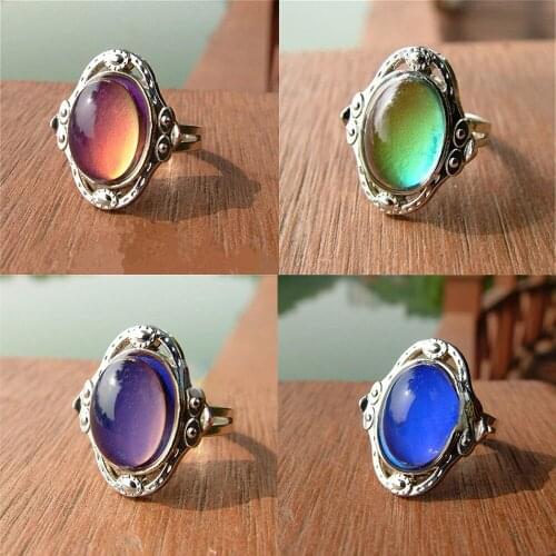 European and American Retro Heart Emotional Thermochromic Ring Gem LCD Color Changing Ring Adjustable Ring Wholesale