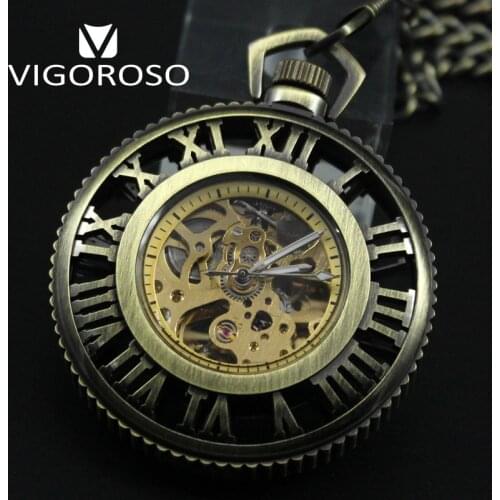 Bronze Steel Steampunk Skeleton Transparent Open Face Roman numeral Hand Wind Up Mechanical Pocket Watch FOB Chain Fashion Style