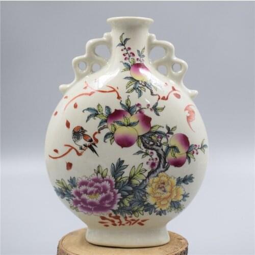 Chinese Old Porcelain Famille Rose Porcelain Double Ear Vase Painting Longevity Peach Bottle