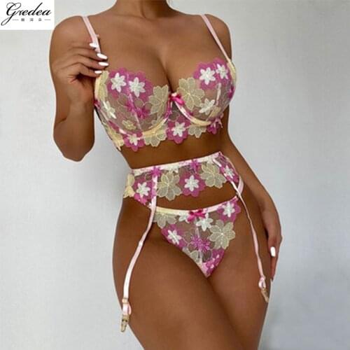 Sexy Embroidered Womens Erotic Lingerie Set Underwire Bra Garter Belt Thong Thin Section See-Through Seductive Underwear Suit