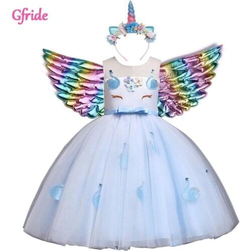 Girls Halloween Unicorn Costume With Headband Wings Tulle Mesh Princess Flamingo Flowers Dress Up For Children Christmas Clothes