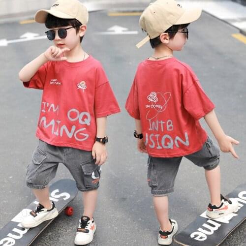 2020 Summer Children Clothes Boys Short sleeve T-shirt Denim Shorts Multi-pocket Jeans Letter Printed Tees Casual Kids outfits
