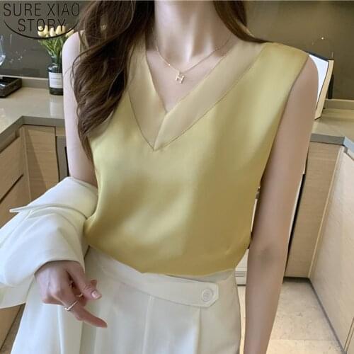 Office Lady 2021 New Satin Vest Spliced Chiffon V Collar Summer Women Tank Top Sleeveless Loose Solid Clothes Blusas Mujer 15071