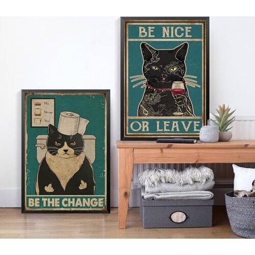 Funny Bathroom Wall Art Prints Black Cat Toilet WC Sign Vintage Poster,Cat Drinking Wine Canvas Painting Retro Bar Kitchen Decor