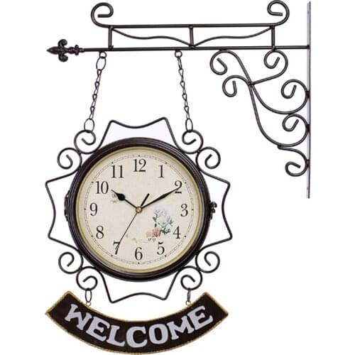 European Vintage Coffee White Double-sided 9 Inches Round Iron Framed Home Decor Wall Mounted Hanging Clock With Welcome Plaques