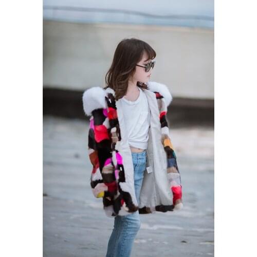Girls real genuine natural mink fur coat with fox fur hood child fashion fur multicolor colorful jacket kid outwear