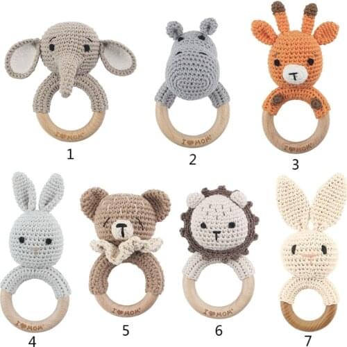 OOTDTY Baby Wooden Teether Ring DIY Crochet Animal Rattle Toy Infant Teething Nursing Soother Molar Toys for Newborn Shower Gift