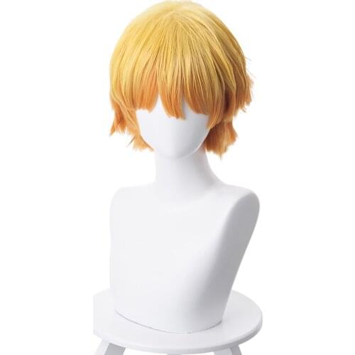 Anime Demon Slayer Kimetsu no Yaiba Cosplay Wig Agatsuma Zenitsu Wig Heat Resistant Synthetic Hair Wigs + Wig Cape