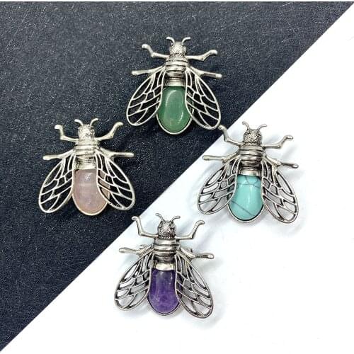 Natural Stone Bee Pendant Turquoise Amethyst For DIY Fashion Jewelry Making Necklace Bracelet Accessories Size 36x37mm