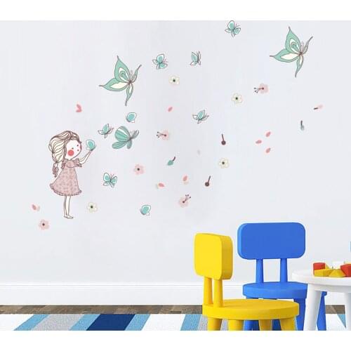 Cartoon Little Girl Wall Sticker Butterflies Flying for Kids Room Decor Nursery Mural Aesthetic Vinyl Wallpaper Art Decal