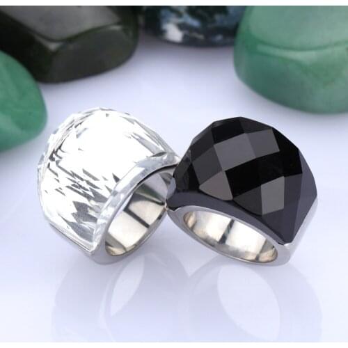 Stainless Steel Black & White Brand Design Delicate Shiny Big Crystal Stone Engagement Rings Trendy Ring Party Jewelry for Women