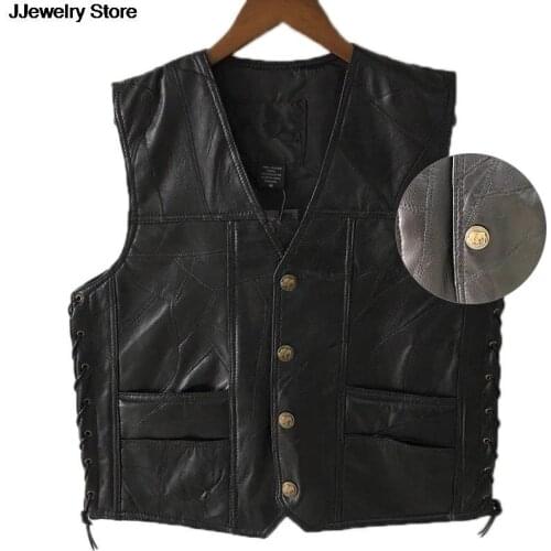 2020 Black Leather Motorcycle Vest For Men Genuine Leather Punk Biker Vest Lace Button Autumn Sleeveless Jacket For Men