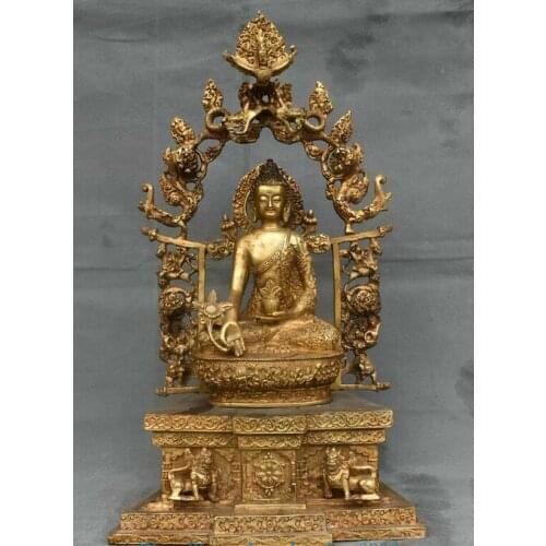 16" Old China Copper Shakyamuni Amitabha Buddha Dragon Beast Backlight Statue
