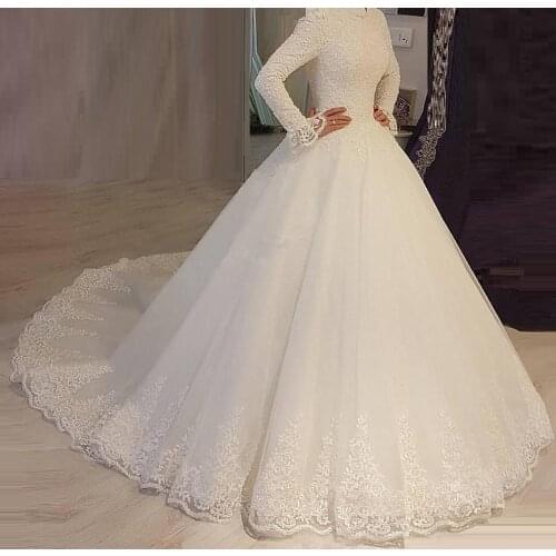 2021 White Arabic Muslim Wedding Dresses Princess High Neck Long Sleeves Lace Appliques Bridal Dresses Robe De Mariage