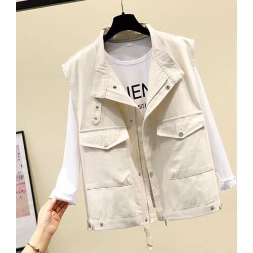 2021 Spring Autumn Jacket New Womens Single-Breasted Sleeveless Casual Loose Pocket Slim Top Female Costume Tooling Outwear