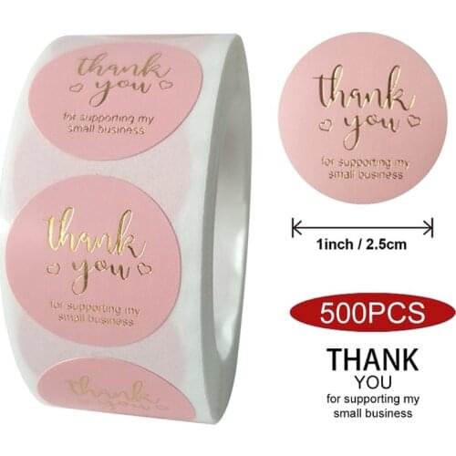 500pcs/ Roll Round Pink Bronzing "Thank You for Supporting My Small Business" Sticker For Handmade Baking Package Decor Stickers