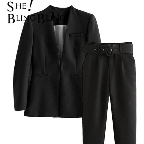 Aonibeier 2021 Za Women Suit Pants OL Traf Blazers Jacket Elegant Coat Female 2 Piece Set Slim Outfits Belt Black Chic Trousers