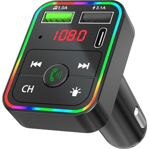 F2 Car Bluetooth FM Transmitter Colorful LED Backlight Wireless FM Radio Adapter Hands Free Car Kit TF Card MP3 Player USB C PD