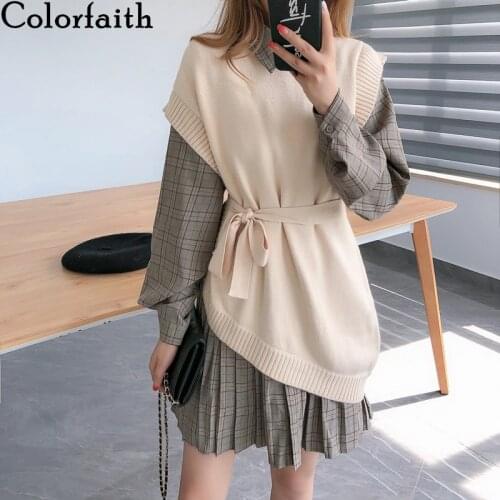 Colorfaith 2021 New Autumn Winter Woman 2 Pieces Sets Knitted Vest Plaid Pleated Dresses Lace Up Elegant Ladies Suits WS1147JX