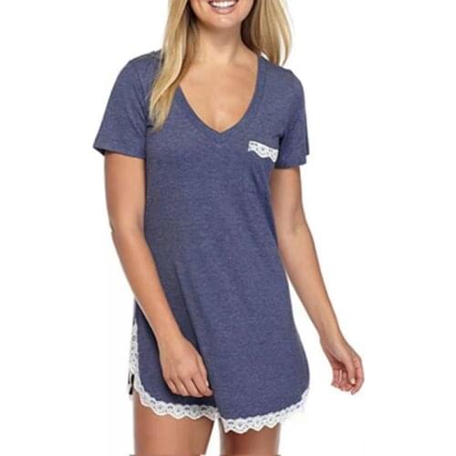 Cotton Nightdress For Women Soft Sexy Nigtwear Female Solid Color Lace Stitching V Neck Short Sleeve Lingerie Home Clothing