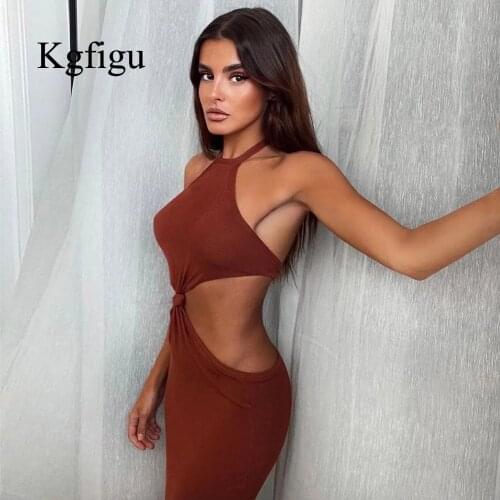 KGFIGU Brown Cut Out Fashion Dresses For Women Sexy Sleeveless Evening Bodycon Vestidos Lady Elegant Soft Outfits