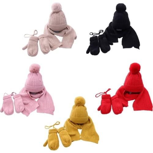 3Pcs Kids Baby Winter Warm Beanie Hat Long Scarf Gloves Set Cable Knit Solid Color Plush Lined Pompom Skull Cap 1-6 Year