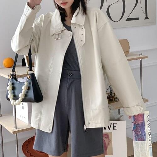 Korean Women Beige Black Loose Oversized Faux Leather Jacket Lapel Long Sleeve Washed PU Motorcycle Biker Jacket Female Outwear