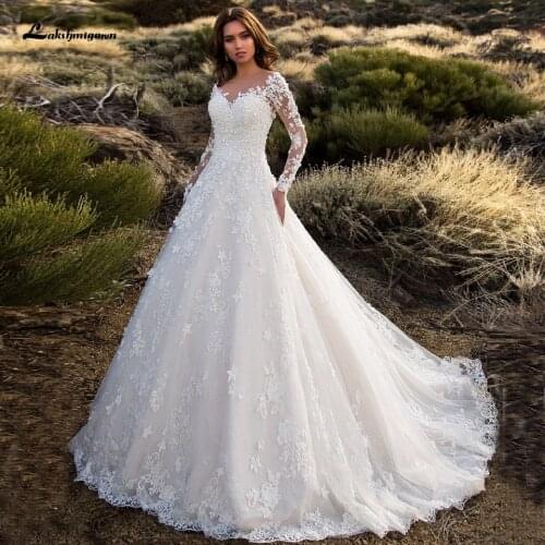 Lakshmigown Muslim Wedding Dress Long Sleeve 2020 Vintage Lace Wedding Gowns Elegant Bridal Dress Robe de Mariee Courte