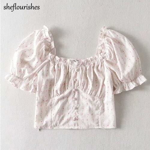 Summer shirt kawaii short sleeve blouse women vintage square neck top floral print single breasted shirt corset cute blouse 2021