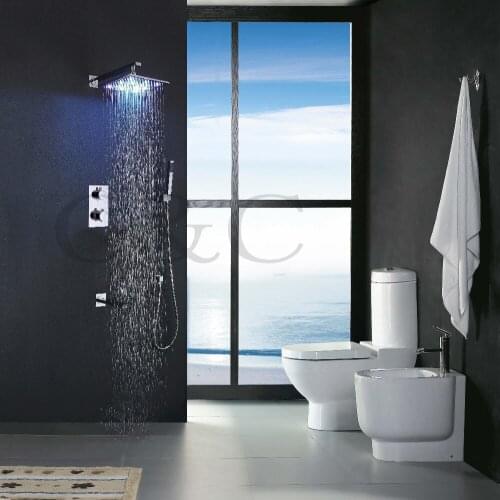 10 Inch Hydro Power LED Shower Head And Spout, Solid Brass Chrome Thermostatic LED Rainfall Shower Mixer Faucet Set 003-10-2C