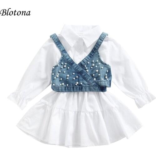 Blotona Fashion Kids Summer 2Pcs Outfit, Solid Color Lantern Sleeves Shirt Dress + Denim Beading Vest for Girls, 1-6 Years